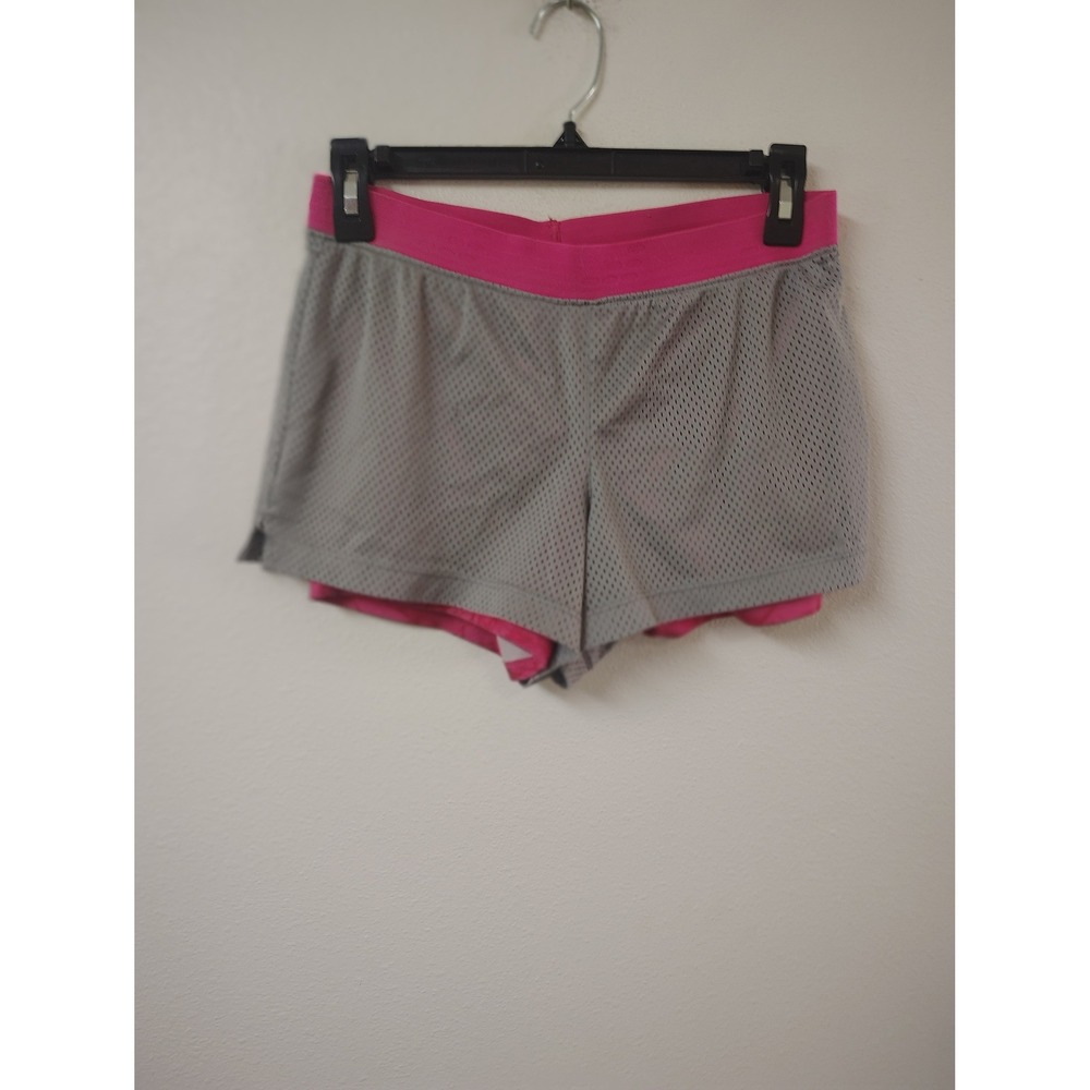BCG Womens‎ 2-in-1 Athletic Shorts Grey Pink Mesh Layered Running Gym XS